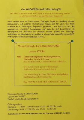 Die NOVALIS Bibliothek und THINKA haben Rainer Hohberg zu Gast - es gibt Gespenstische aus der Thüringer Sagenwelt am 06.12.2023