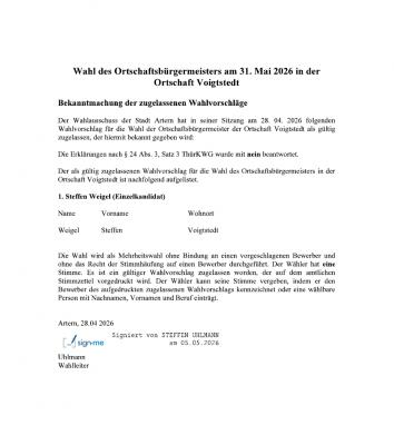 Wahl des Ortschaftsbürgermeisters am 31. Mai 2026 in der Ortschaft Voigtstedt