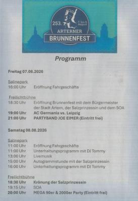 Programm Arterner Brunnenfest vom 07.08-09.08.2026