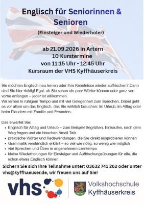 Englisch für Seniorinnen & Senioren (Einsteiger und Wiederholer) ab 21.09.2026 in Artern